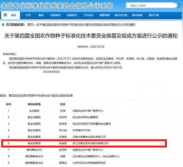 董事长陈渝阳入选全国农作物草莓在线观看视频免费永久网站标准化技术委员会副主任委员